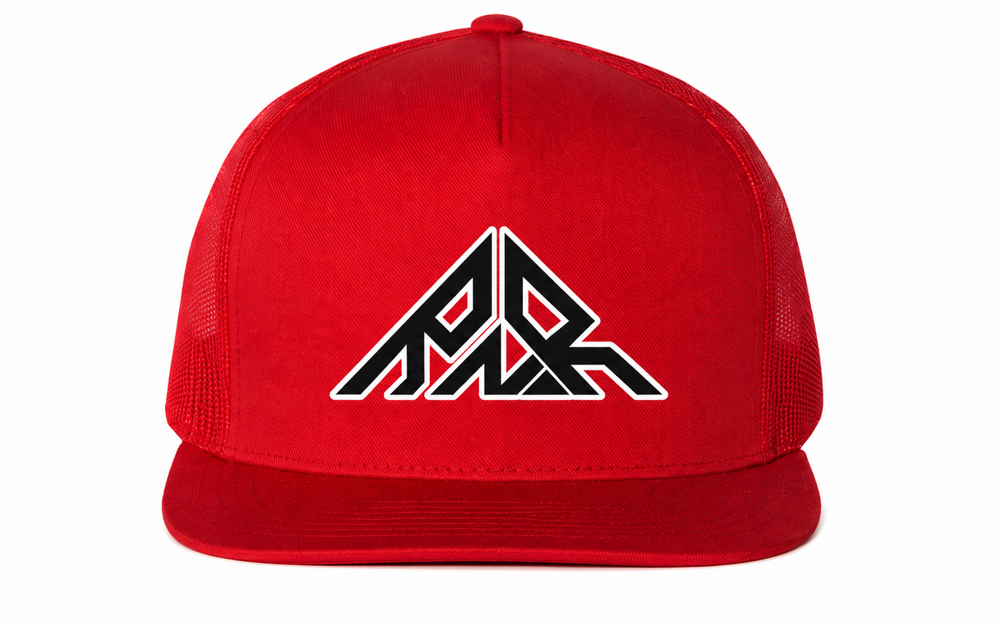 Red cap with a black and white logo on a white background