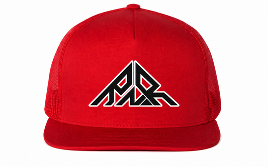 Red cap with a black and white logo on a white background